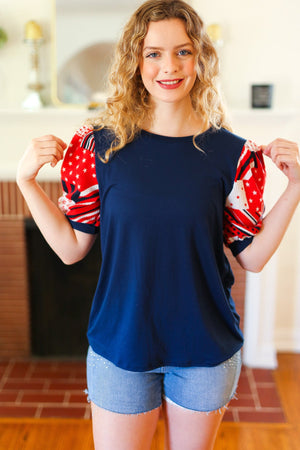 Stand-Out Navy Patriotic Patchwork Puff Sleeve Top - Coeur de la Mode
