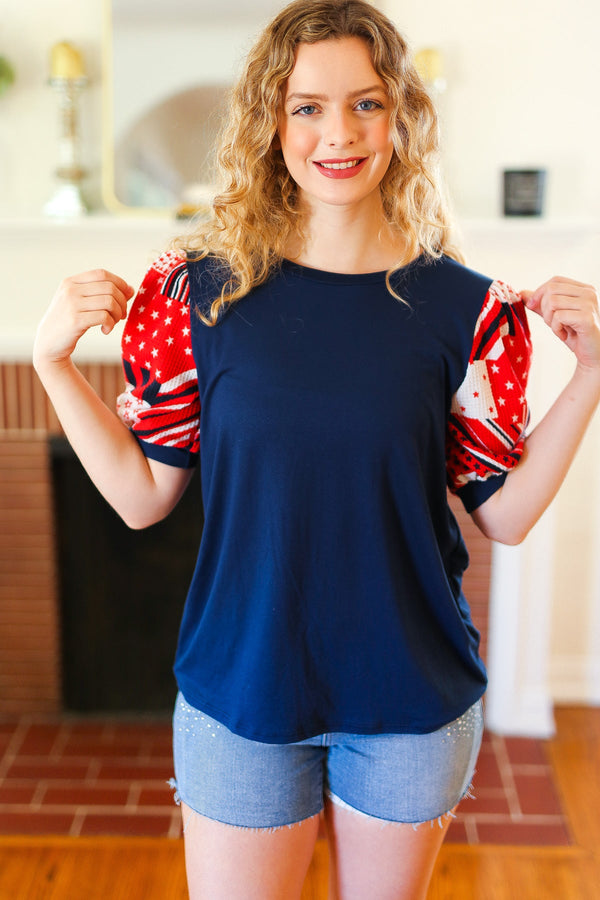 Stand-Out Navy Patriotic Patchwork Puff Sleeve Top - Coeur de la Mode