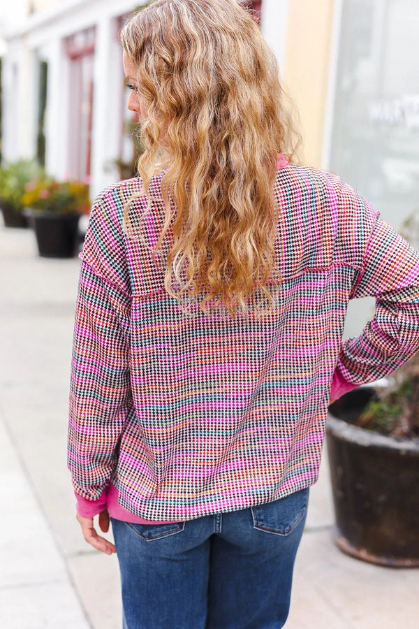 Bring Joy Magenta Multicolor Textured Waffle Knit Sweater - Coeur de la Mode
