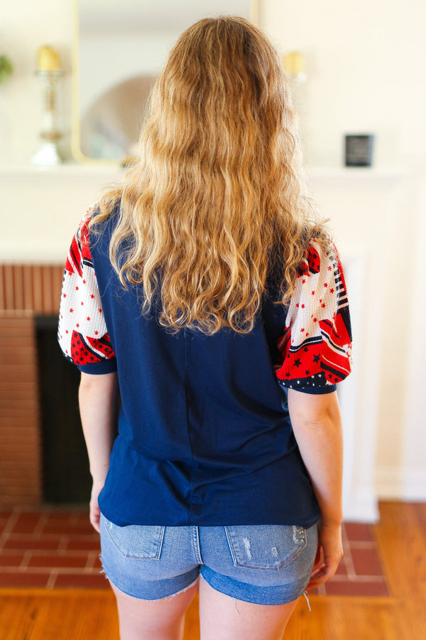Stand-Out Navy Patriotic Patchwork Puff Sleeve Top - Coeur de la Mode