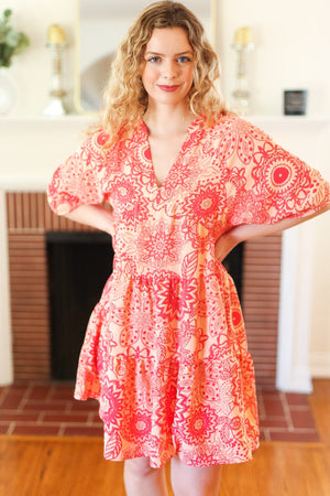 All You Need Peach & Coral Boho Floral V Neck Dress - Coeur de la Mode