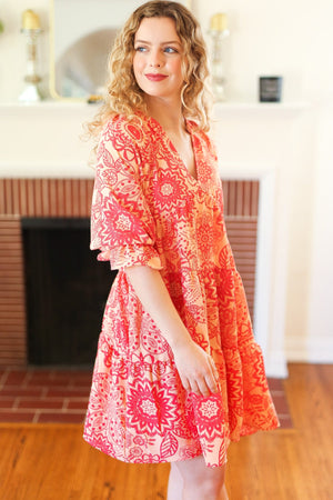 All You Need Peach & Coral Boho Floral V Neck Dress - Coeur de la Mode
