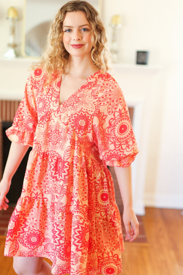 All You Need Peach & Coral Boho Floral V Neck Dress - Coeur de la Mode