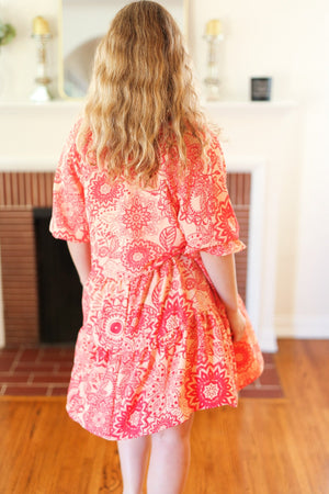 All You Need Peach & Coral Boho Floral V Neck Dress - Coeur de la Mode