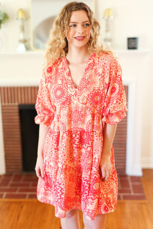All You Need Peach & Coral Boho Floral V Neck Dress - Coeur de la Mode