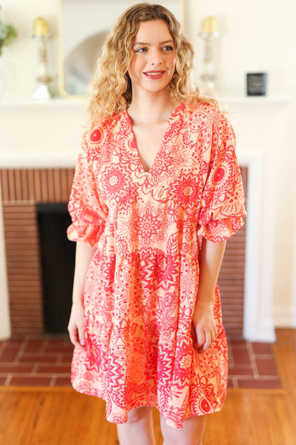 All You Need Peach & Coral Boho Floral V Neck Dress - Coeur de la Mode