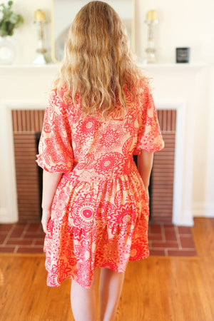 All You Need Peach & Coral Boho Floral V Neck Dress - Coeur de la Mode