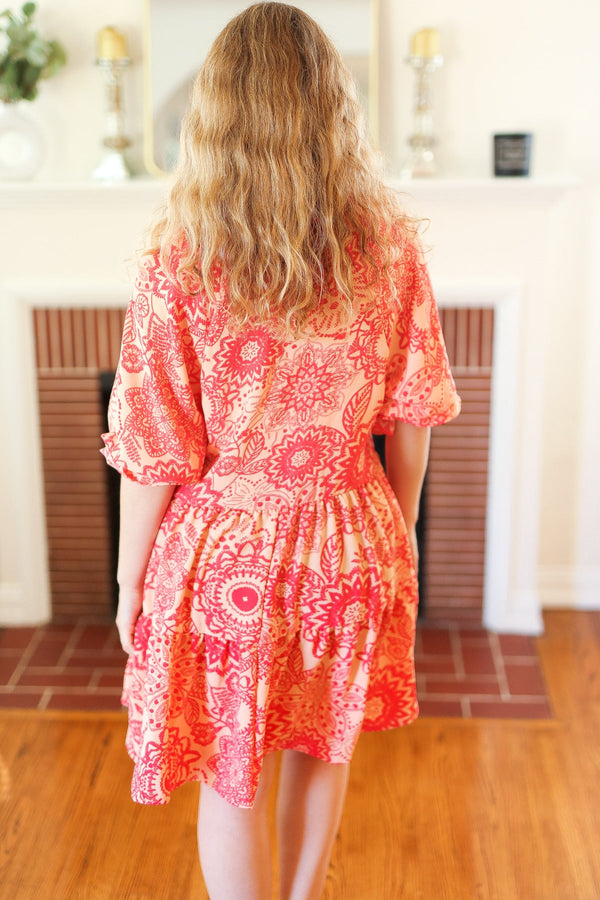 All You Need Peach & Coral Boho Floral V Neck Dress - Coeur de la Mode