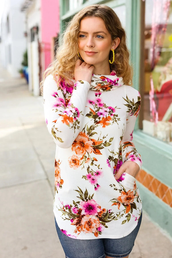 Just My Type Cream Floral Cowl Neck Sweater Top - Coeur de la Mode