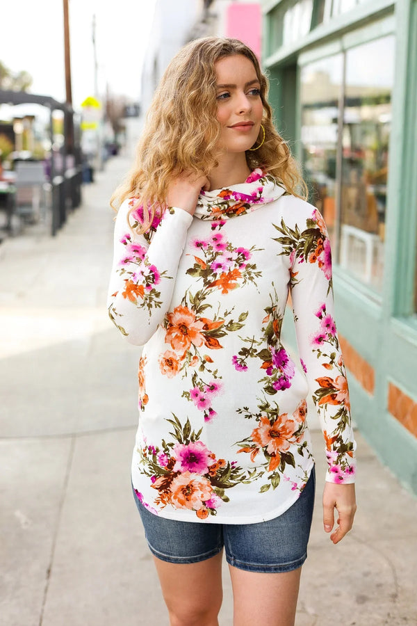Just My Type Cream Floral Cowl Neck Sweater Top - Coeur de la Mode