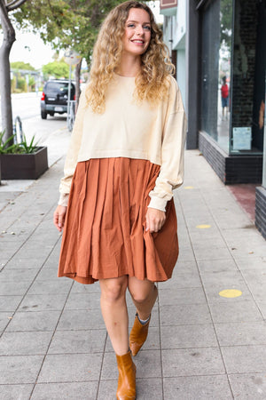 Bedazzled Cream & Rust Pleated Skirt French Terry Cotton Dress - Coeur de la Mode