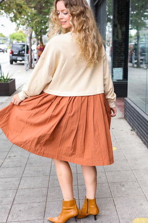Bedazzled Cream & Rust Pleated Skirt French Terry Cotton Dress - Coeur de la Mode