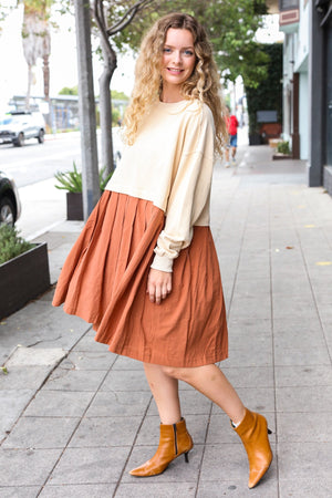 Bedazzled Cream & Rust Pleated Skirt French Terry Cotton Dress - Coeur de la Mode
