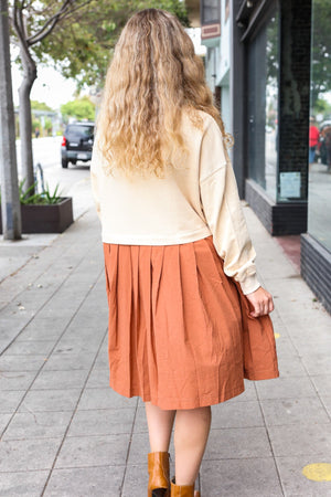 Bedazzled Cream & Rust Pleated Skirt French Terry Cotton Dress - Coeur de la Mode