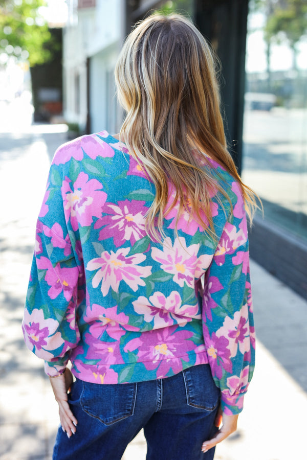 Feeling Femme Teal Floral Brushed Hacci Sweater Top - Coeur de la Mode
