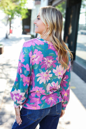 Feeling Femme Teal Floral Brushed Hacci Sweater Top - Coeur de la Mode