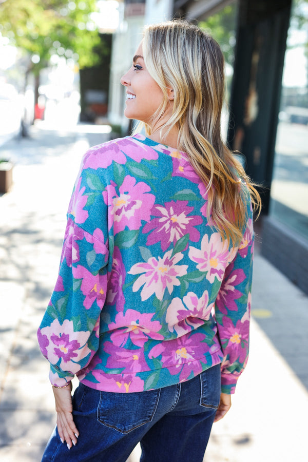 Feeling Femme Teal Floral Brushed Hacci Sweater Top - Coeur de la Mode