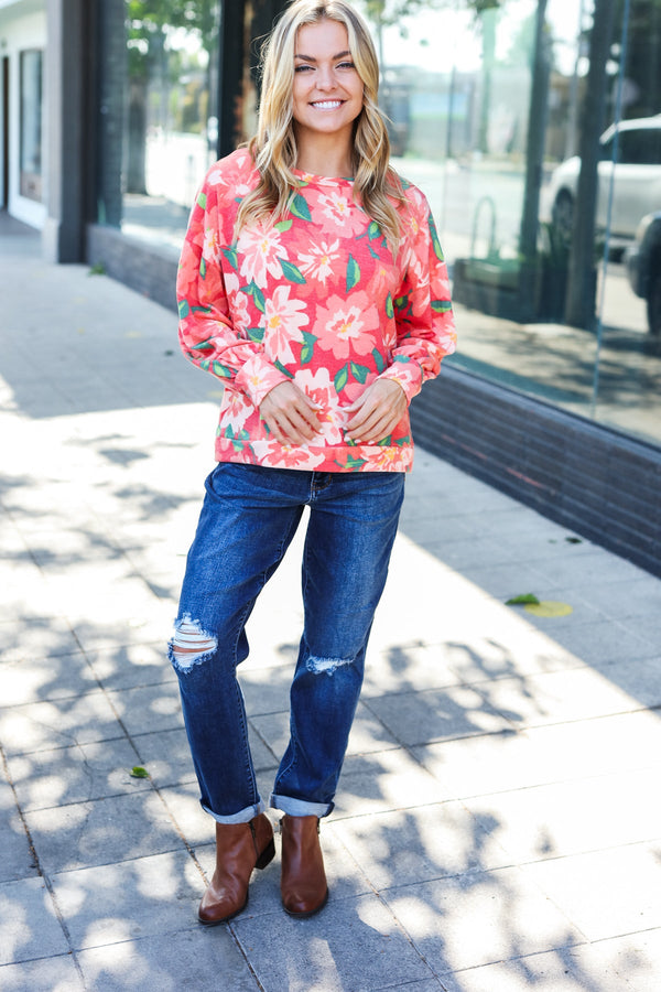 Feeling Femme Red Floral Brushed Hacci Sweater Top - Coeur de la Mode