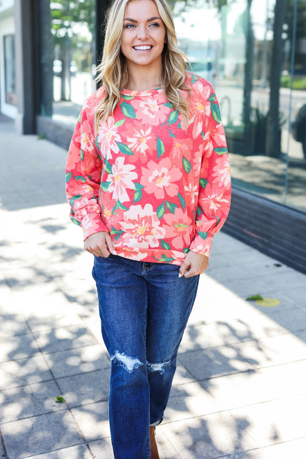 Feeling Femme Red Floral Brushed Hacci Sweater Top - Coeur de la Mode