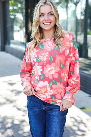 Feeling Femme Red Floral Brushed Hacci Sweater Top - Coeur de la Mode
