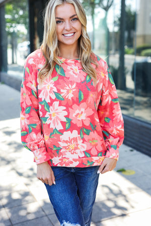 Feeling Femme Red Floral Brushed Hacci Sweater Top - Coeur de la Mode