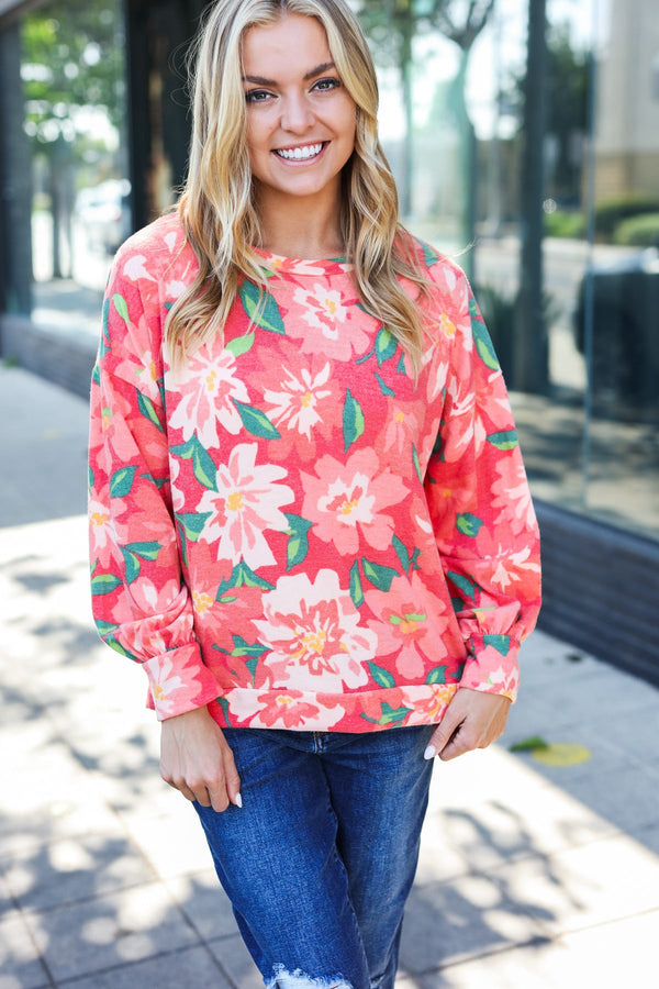 Feeling Femme Red Floral Brushed Hacci Sweater Top - Coeur de la Mode