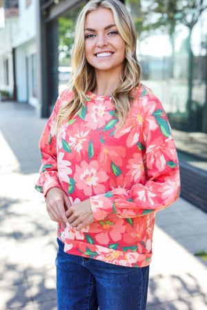 Feeling Femme Red Floral Brushed Hacci Sweater Top - Coeur de la Mode