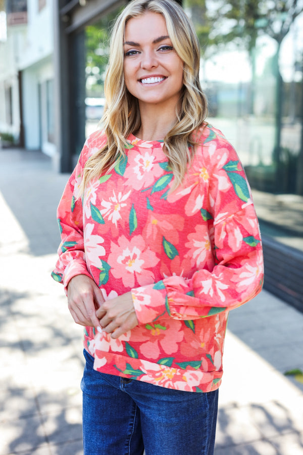 Feeling Femme Red Floral Brushed Hacci Sweater Top - Coeur de la Mode