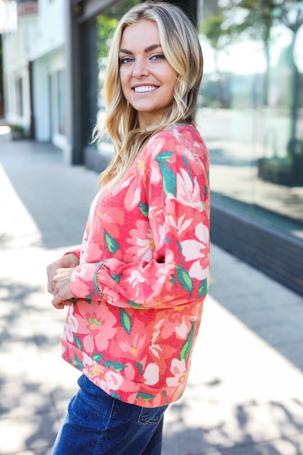 Feeling Femme Red Floral Brushed Hacci Sweater Top - Coeur de la Mode