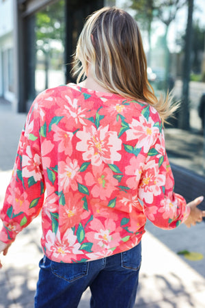 Feeling Femme Red Floral Brushed Hacci Sweater Top - Coeur de la Mode
