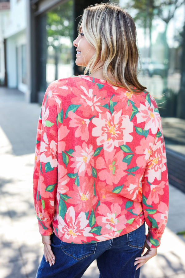Feeling Femme Red Floral Brushed Hacci Sweater Top - Coeur de la Mode