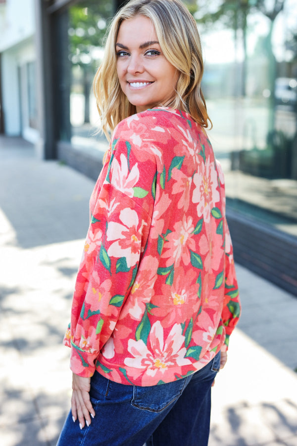 Feeling Femme Red Floral Brushed Hacci Sweater Top - Coeur de la Mode