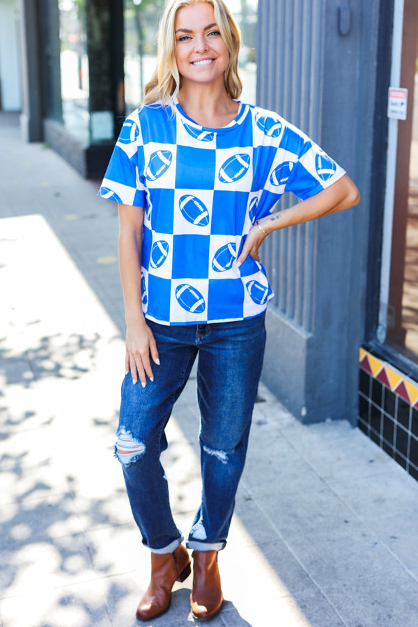 Turn Up The Volume Blue Football Checker Print Top - Coeur de la Mode