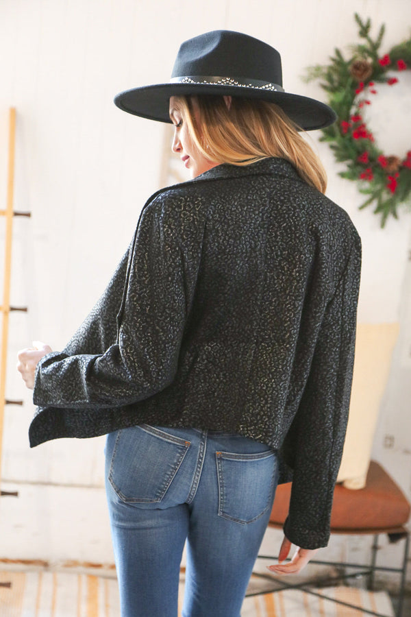Black Holiday Matte Foiled Cheetah Print Blazer Jacket - Coeur de la Mode