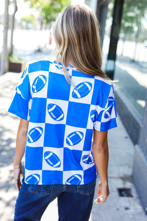 Turn Up The Volume Blue Football Checker Print Top - Coeur de la Mode