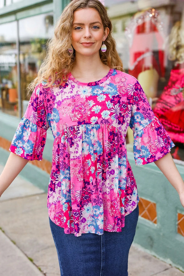 Diva Pink & Blue Floral Print Babydoll Bell Sleeve Top - Coeur de la Mode