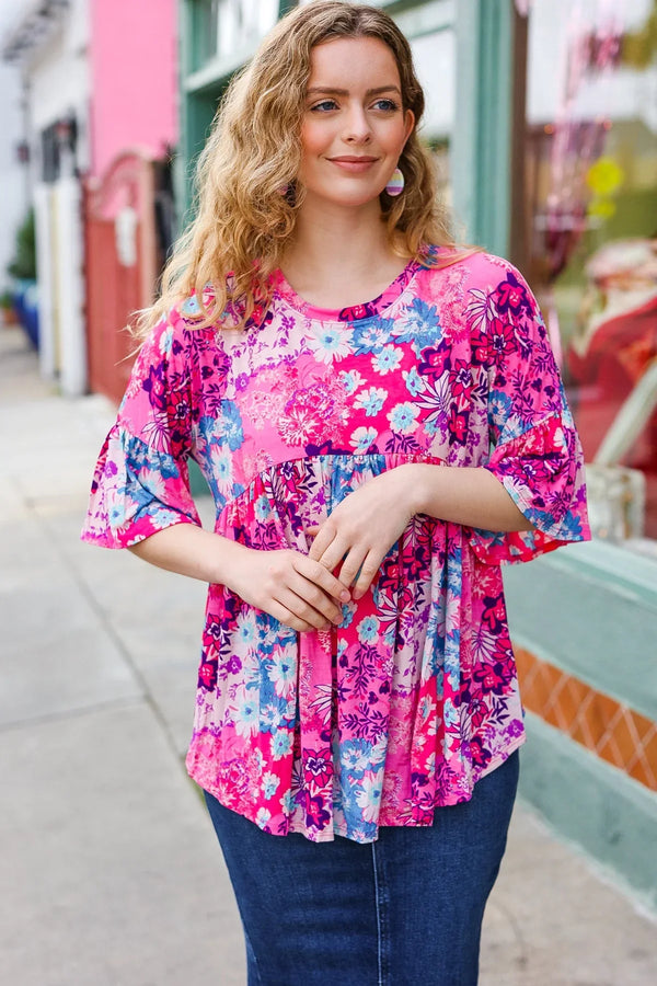Diva Pink & Blue Floral Print Babydoll Bell Sleeve Top - Coeur de la Mode