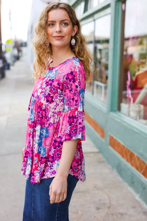 Diva Pink & Blue Floral Print Babydoll Bell Sleeve Top - Coeur de la Mode