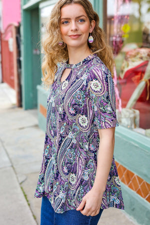 Bold & Sassy Navy Floral Paisley Front Keyhole Tunic Top - Coeur de la Mode