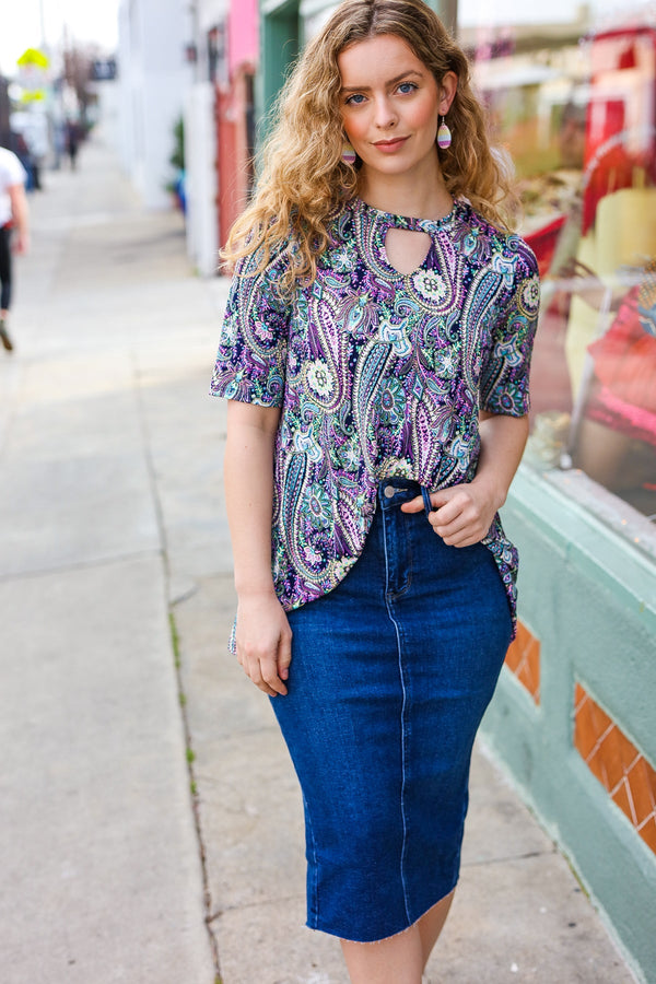 Bold & Sassy Navy Floral Paisley Front Keyhole Tunic Top - Coeur de la Mode