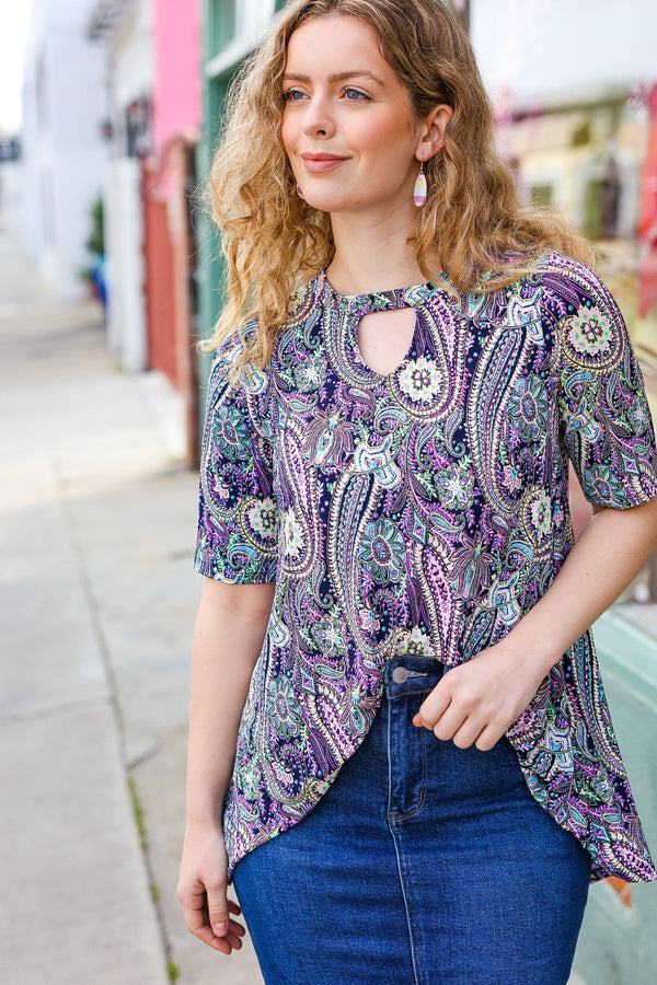 Bold & Sassy Navy Floral Paisley Front Keyhole Tunic Top - Coeur de la Mode