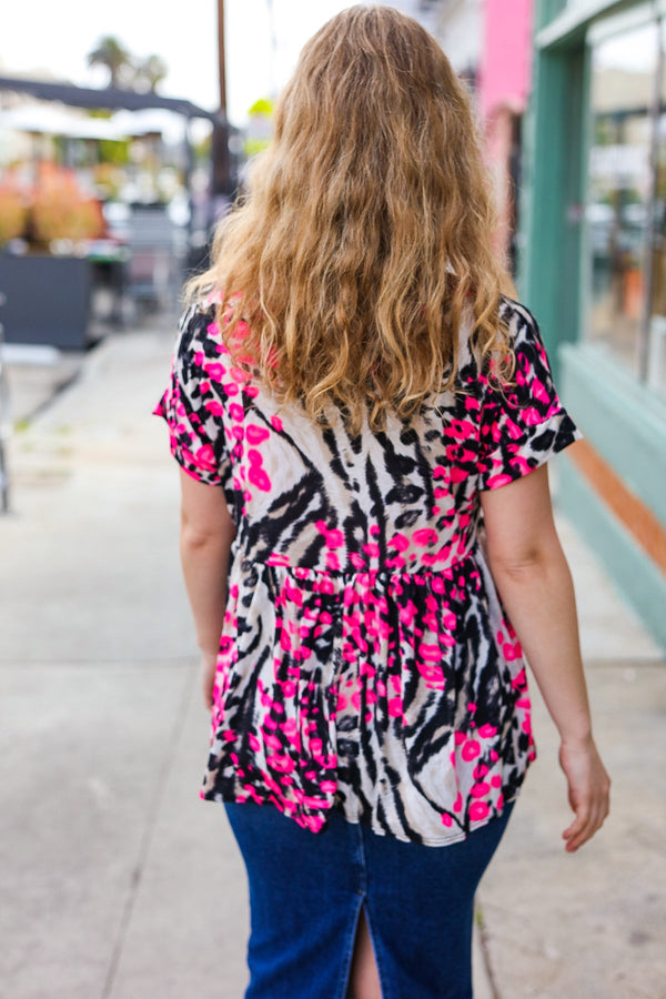 Take Me Away Pink Animal Print Babydoll V Neck Top - Coeur de la Mode