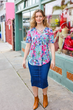 Sunny Days Light Teal Floral Criss Cross V Neck Babydoll Top - Coeur de la Mode