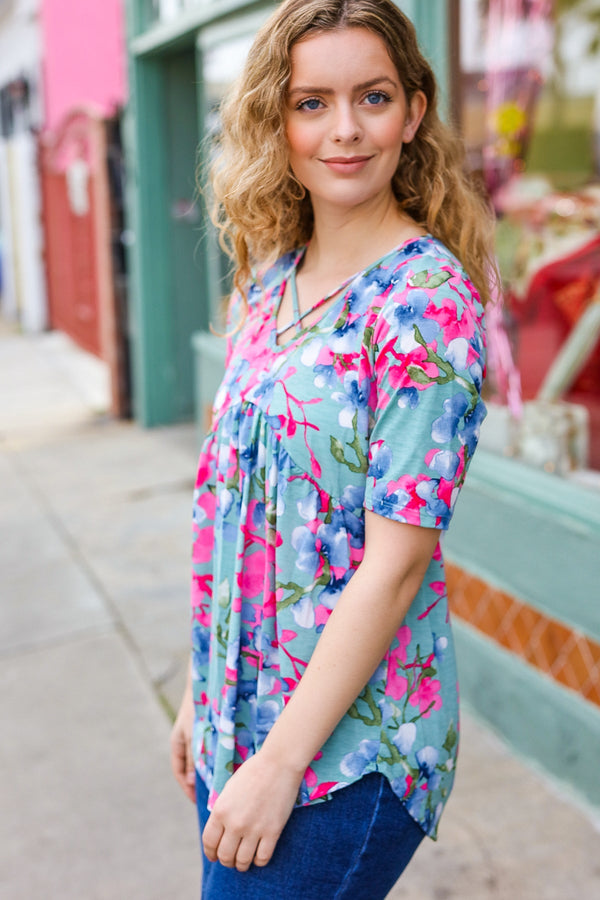 Sunny Days Light Teal Floral Criss Cross V Neck Babydoll Top - Coeur de la Mode