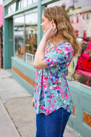 Sunny Days Light Teal Floral Criss Cross V Neck Babydoll Top - Coeur de la Mode