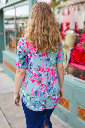 Sunny Days Light Teal Floral Criss Cross V Neck Babydoll Top - Coeur de la Mode