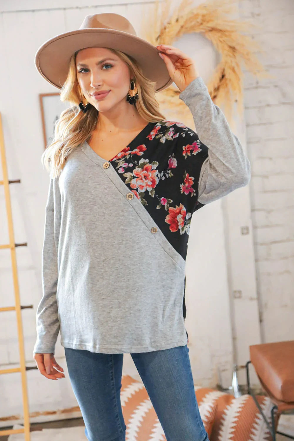 Grey & Black Floral Surplice Button Knit Top - Coeur de la Mode