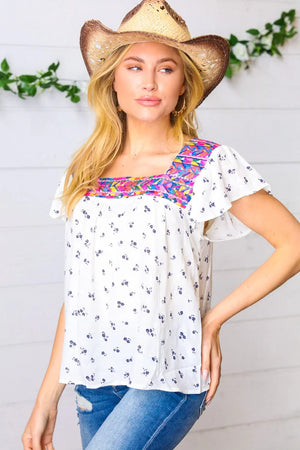 Navy Floral Multicolor Embroidered Square Neck Top - Coeur de la Mode