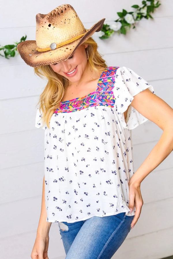 Navy Floral Multicolor Embroidered Square Neck Top - Coeur de la Mode