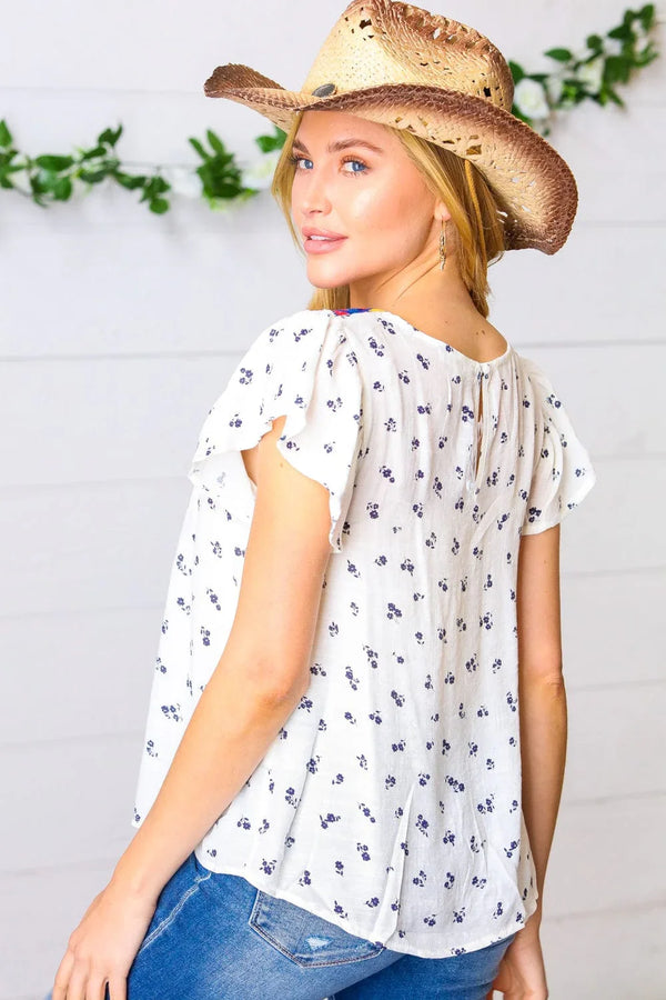 Navy Floral Multicolor Embroidered Square Neck Top - Coeur de la Mode